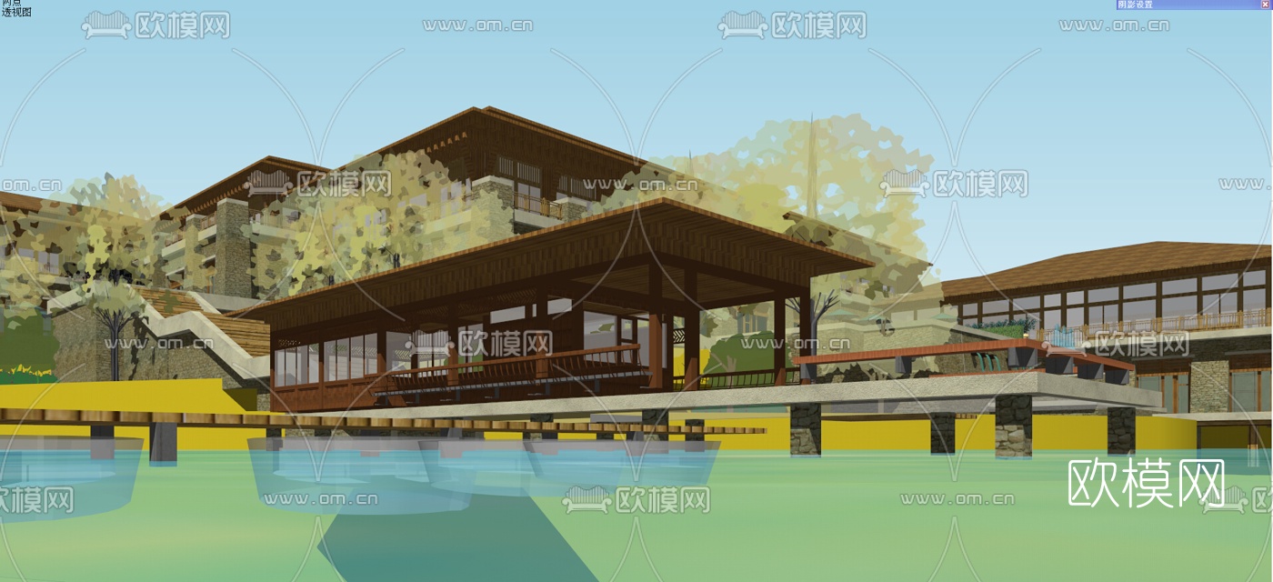 新中式度假酒店su模型下载（渲染图1）