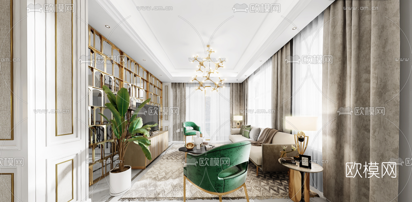 简欧轻奢客厅餐厅vr全景3d模型