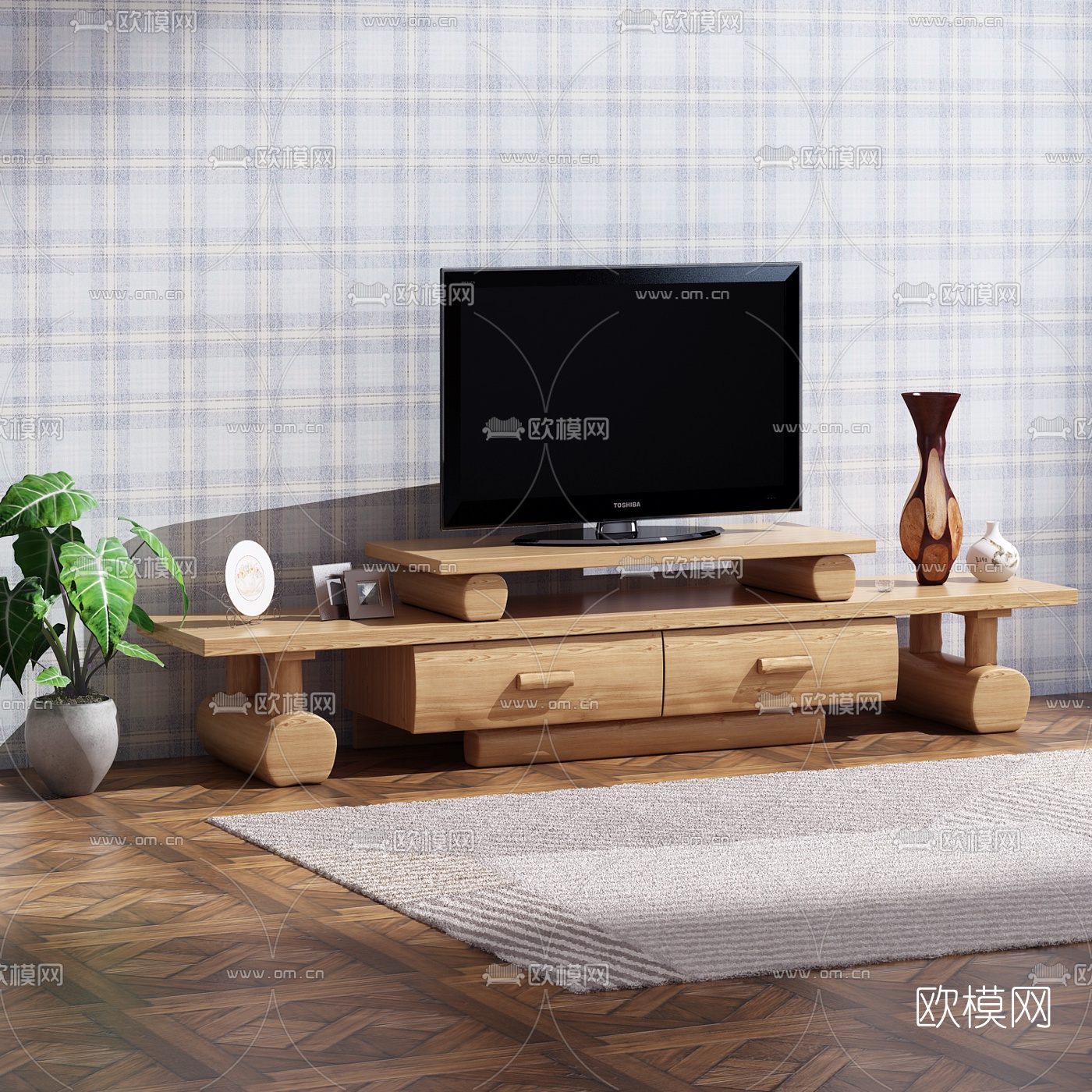 自然风原木电视柜3d模型下载（渲染图2）