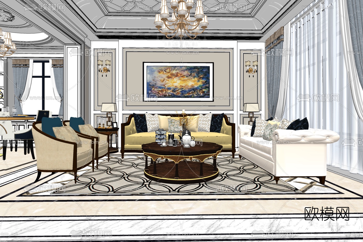 欧式轻奢客餐厅免费su模型