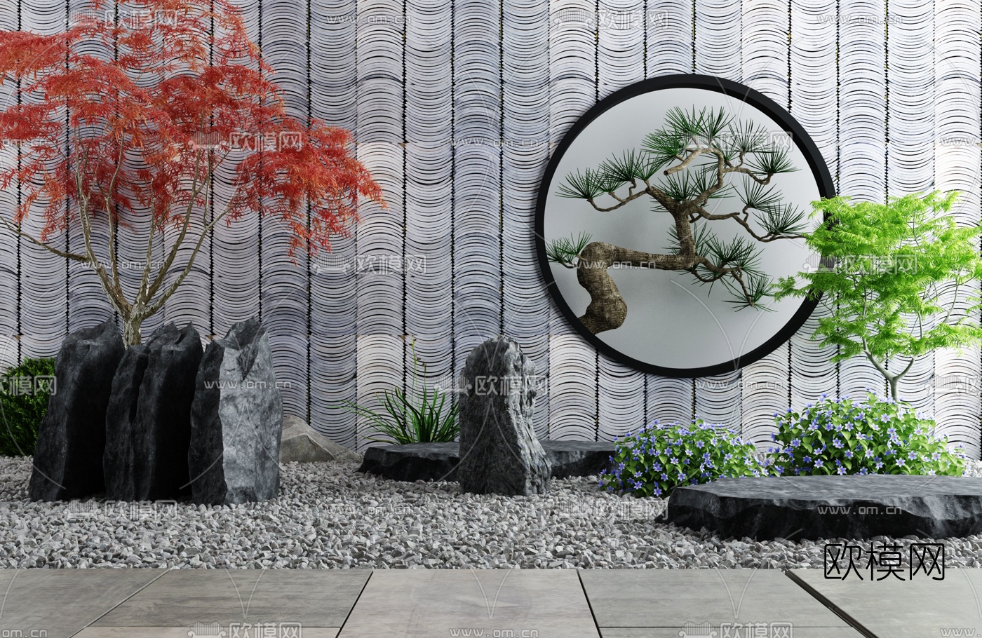 新中式枫树假山园艺小品3d模型下载