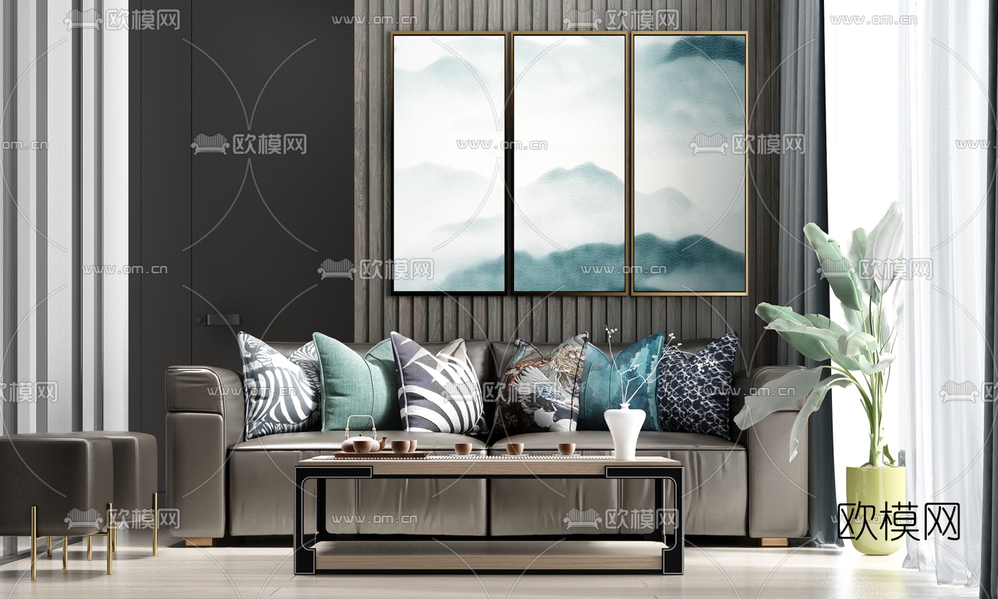 新中式轻奢多人沙发茶几3d模型下载