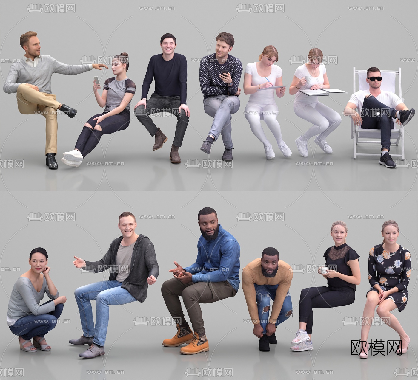 现代坐姿青年男女人物3d模型下载