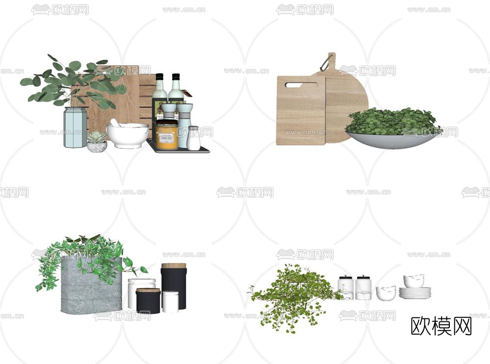 北欧砧板碗碟组合su模型下载