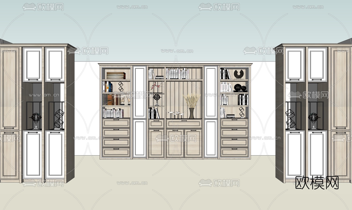 简欧实木书柜su模型下载（渲染图1）