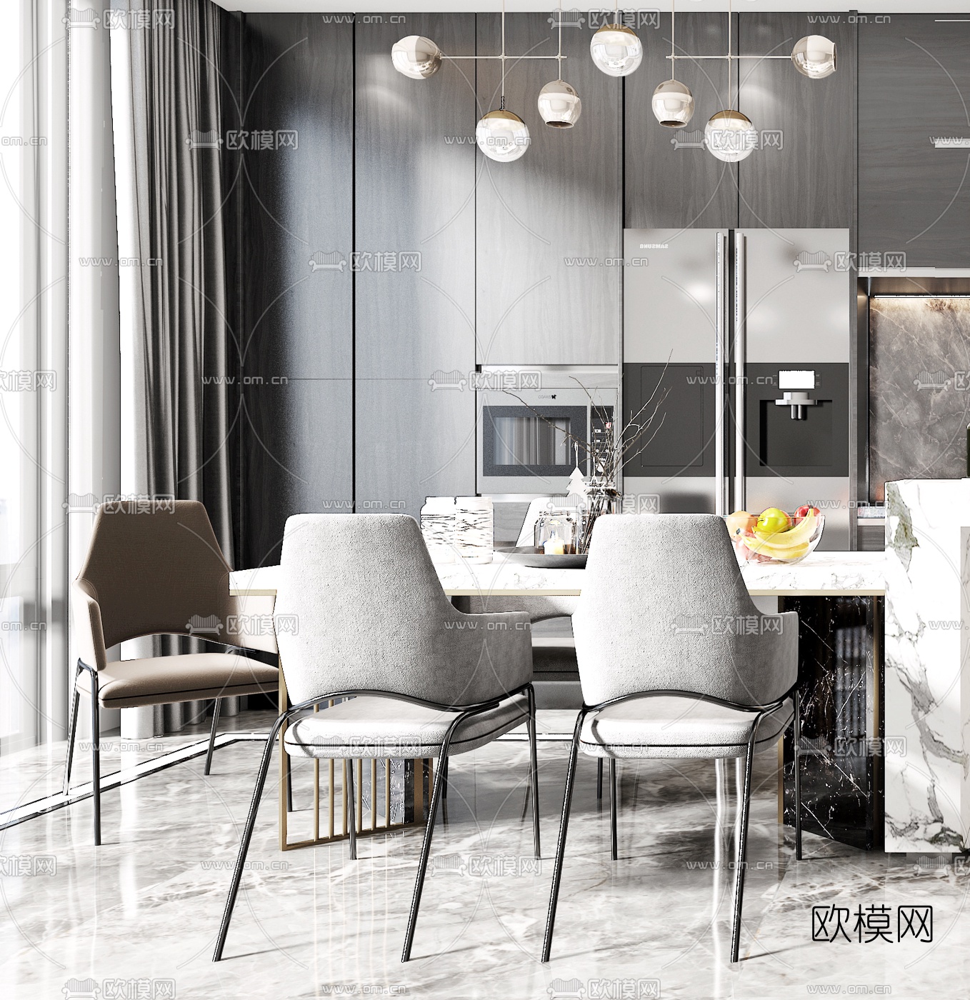 现代轻奢厨房餐厅3d模型