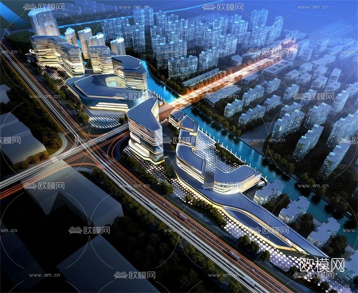 现代商业中心鸟瞰夜景3d模型下载(渲染图1)