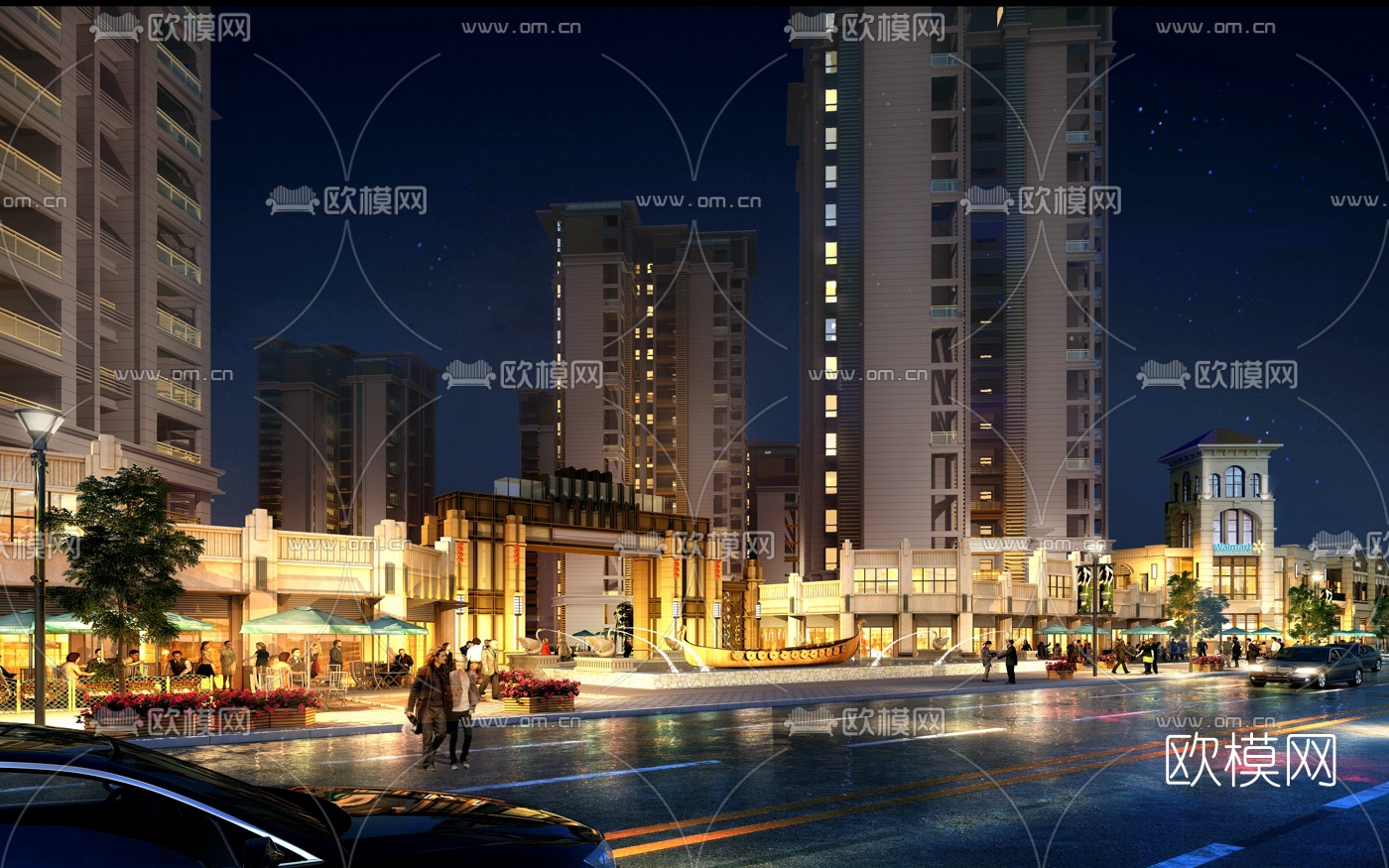 欧式商业街夜景3d模型