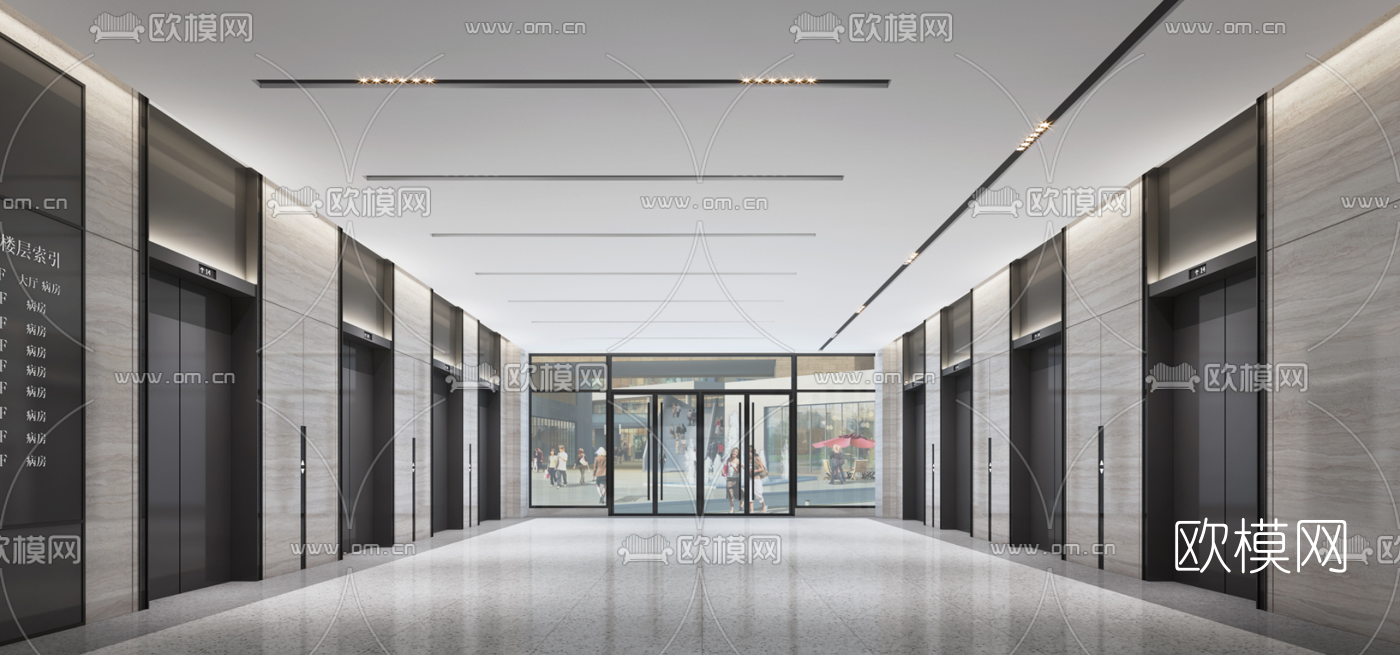 现代医院大厅电梯厅3d模型下载（渲染图2）