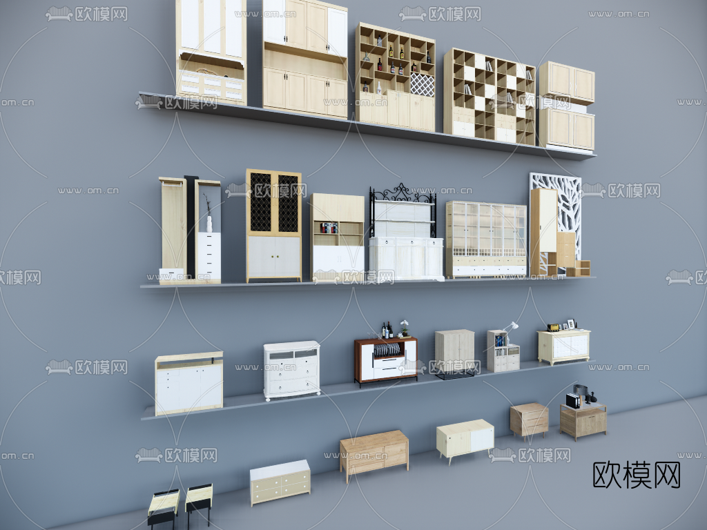 北欧实木储物柜组合su模型下载（渲染图2）