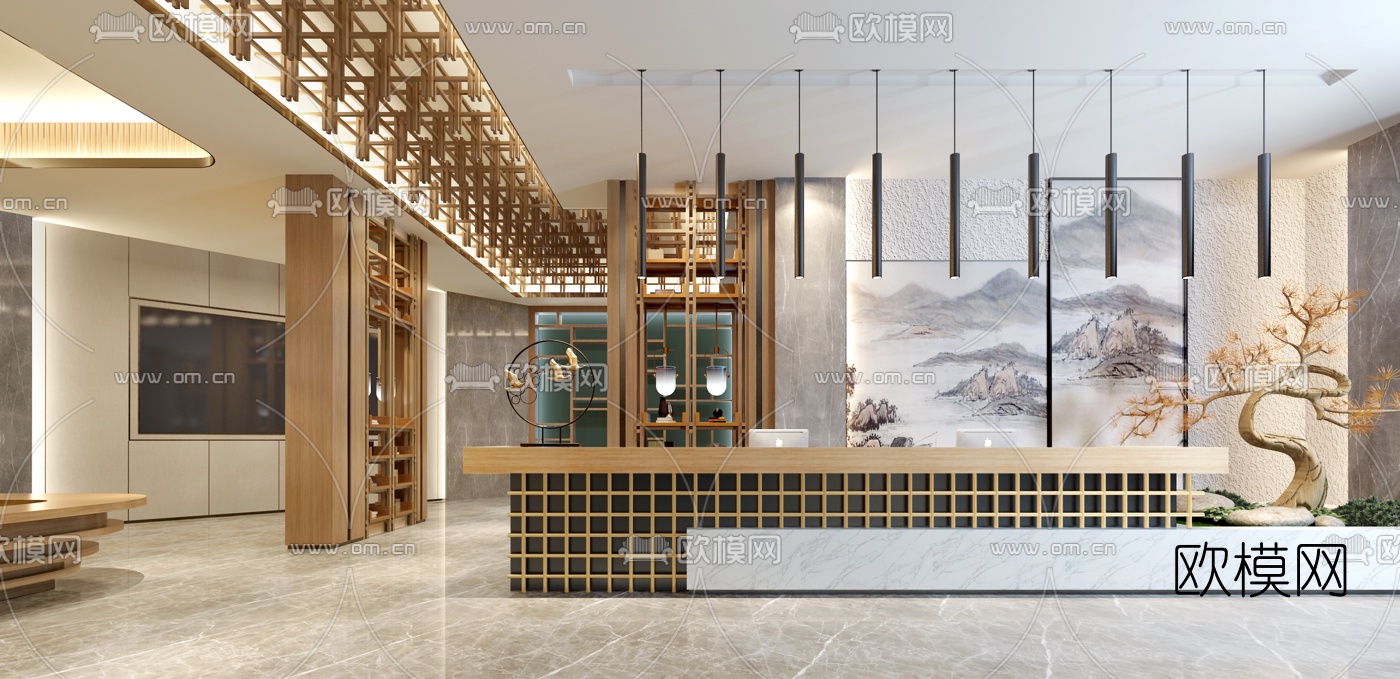 無有堂设计 新中式售楼处大堂前台3d模型下载