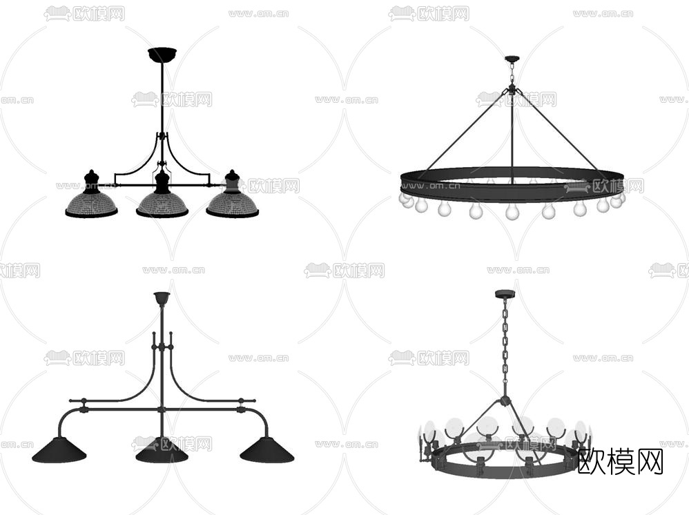 工业风铁艺多头吊灯su模型下载