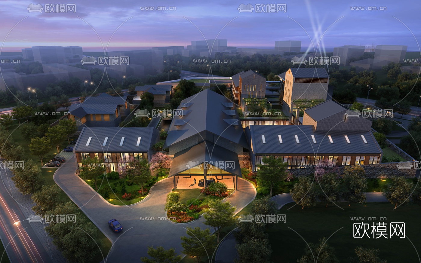 中式酒店外观鸟瞰夜景3d模型下载