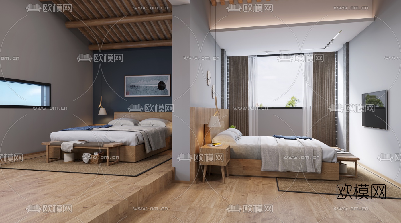 现代民宿客房双床房3d模型
