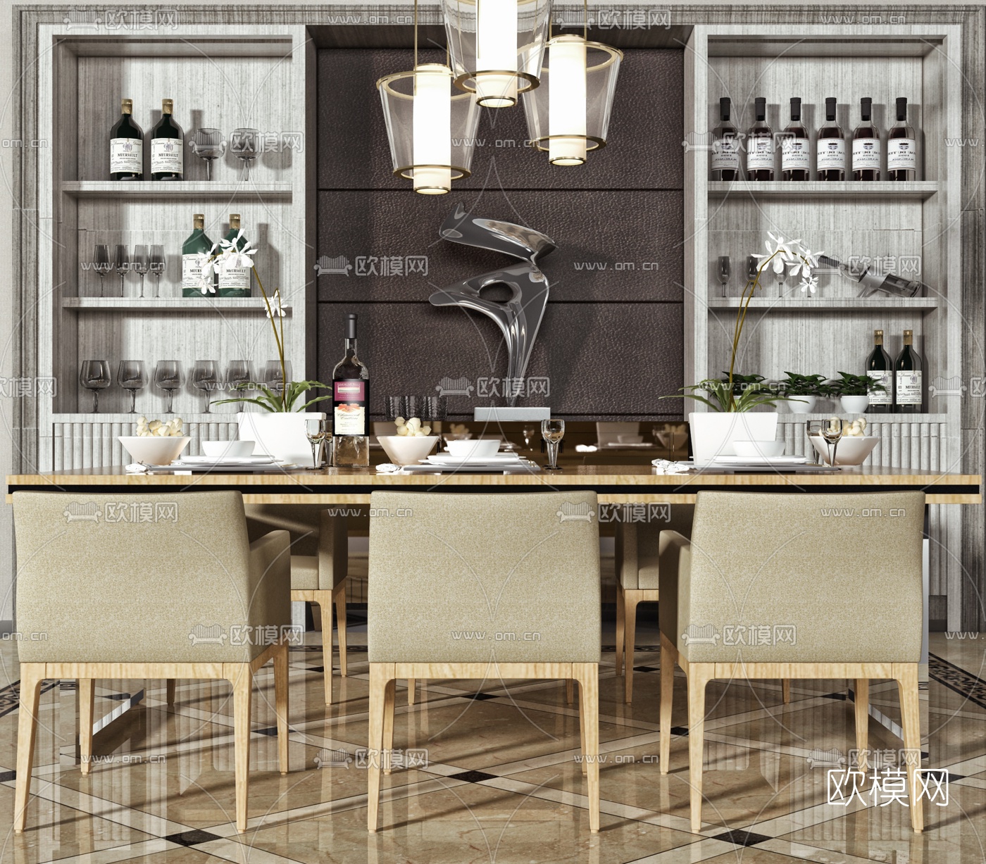 现代 餐桌椅酒柜组合 3d模型