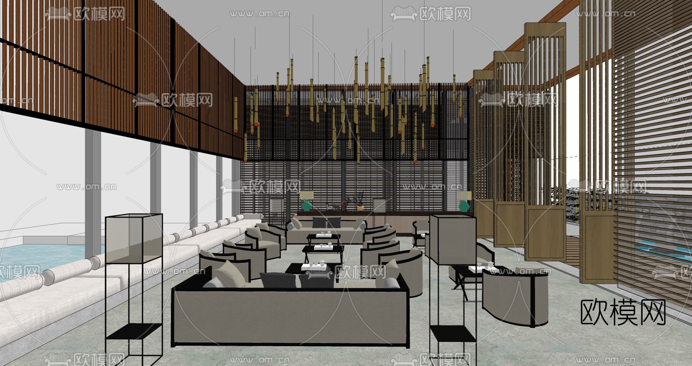 新中式酒店大堂su模型