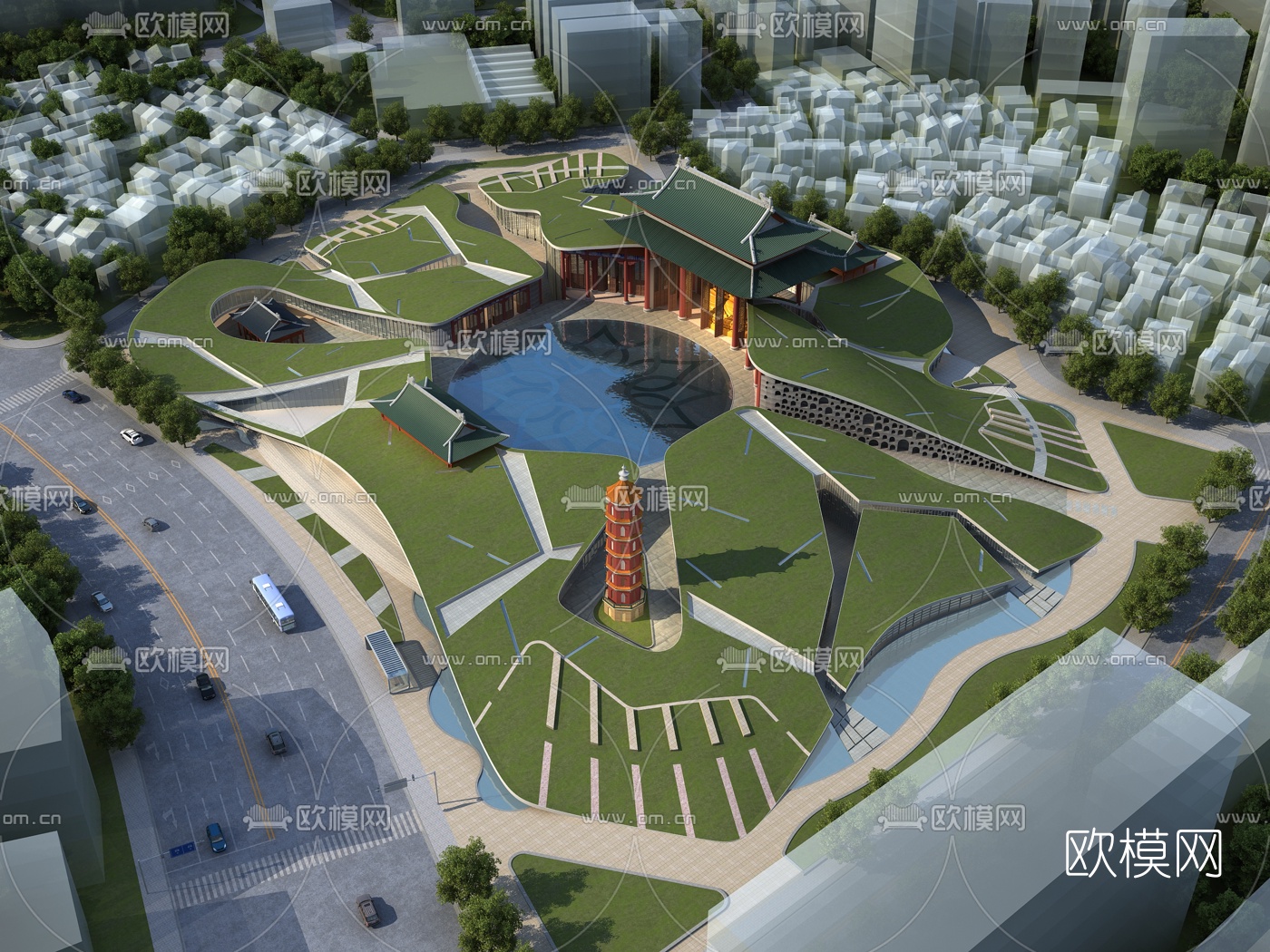 中式古建寺庙鸟瞰3d模型下载