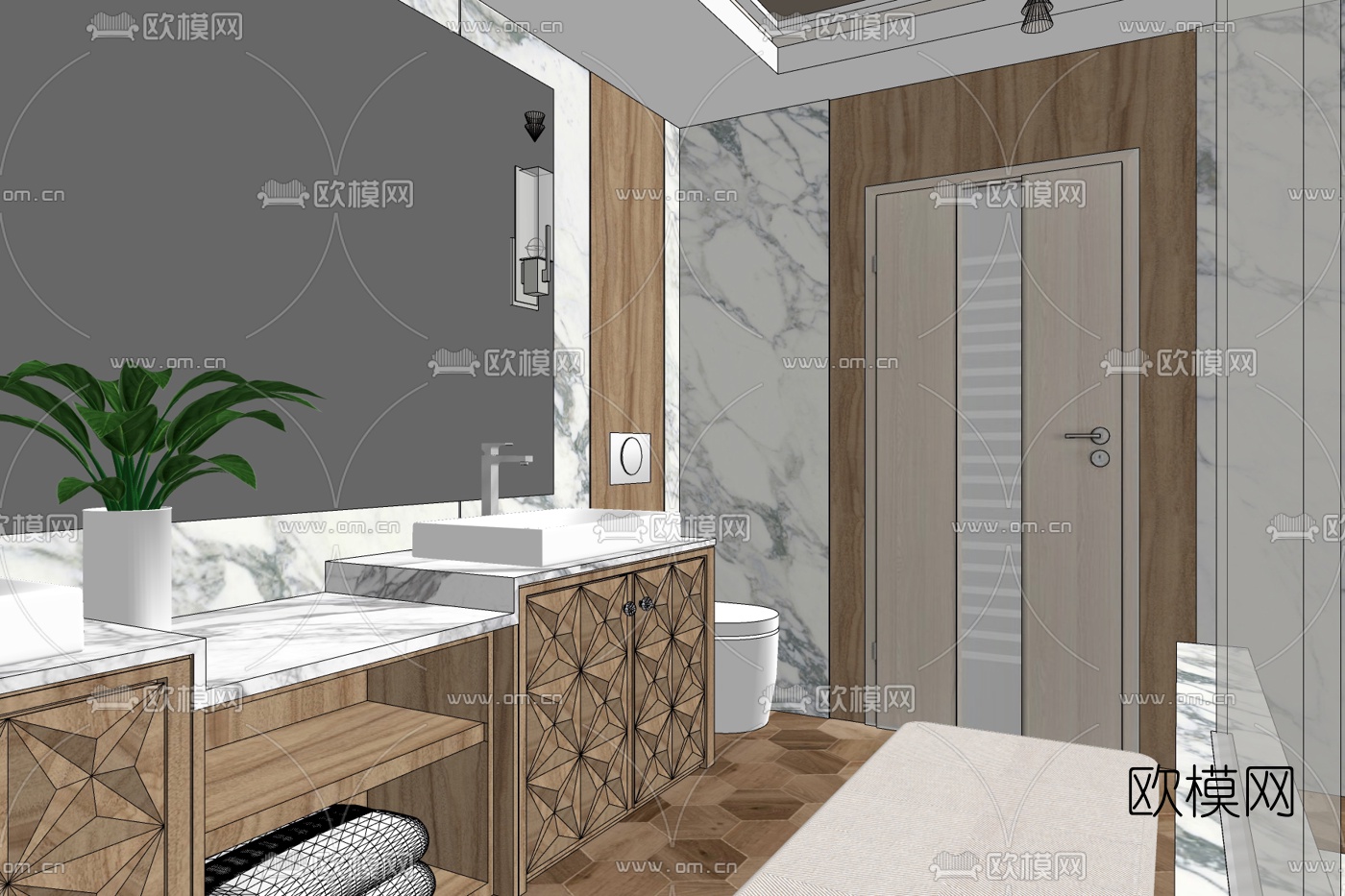 新中式卫生间su模型下载