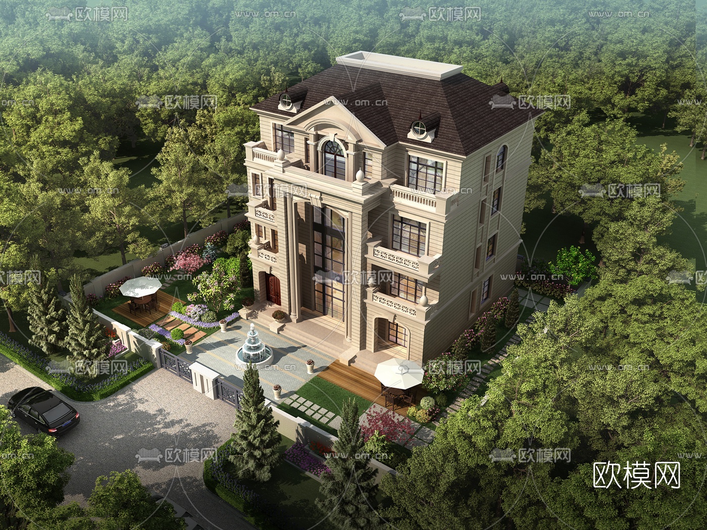 欧式别墅外观鸟瞰3d模型下载