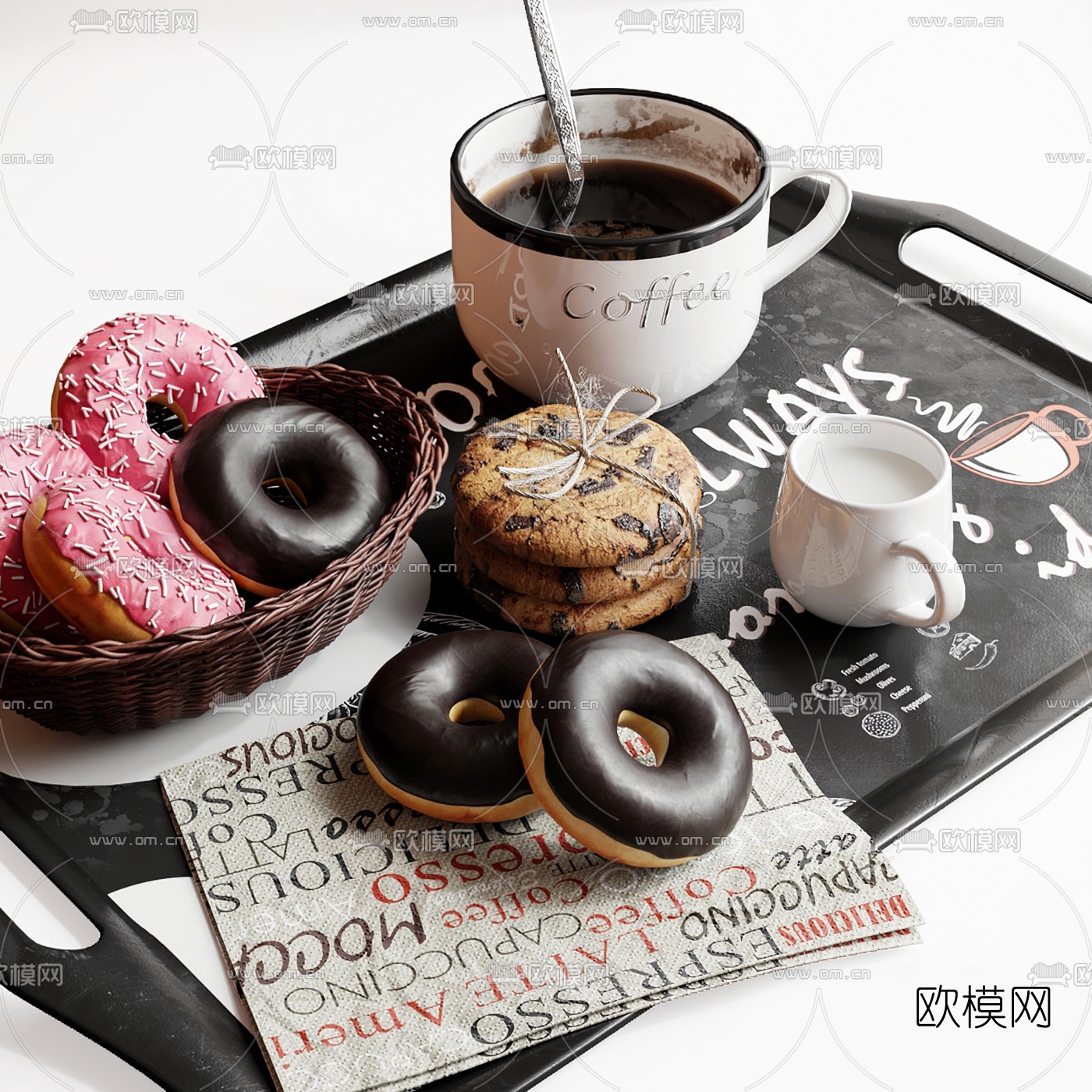 现代咖啡杯甜点食物蛋糕食物摆件3d模型下载（渲染图2）