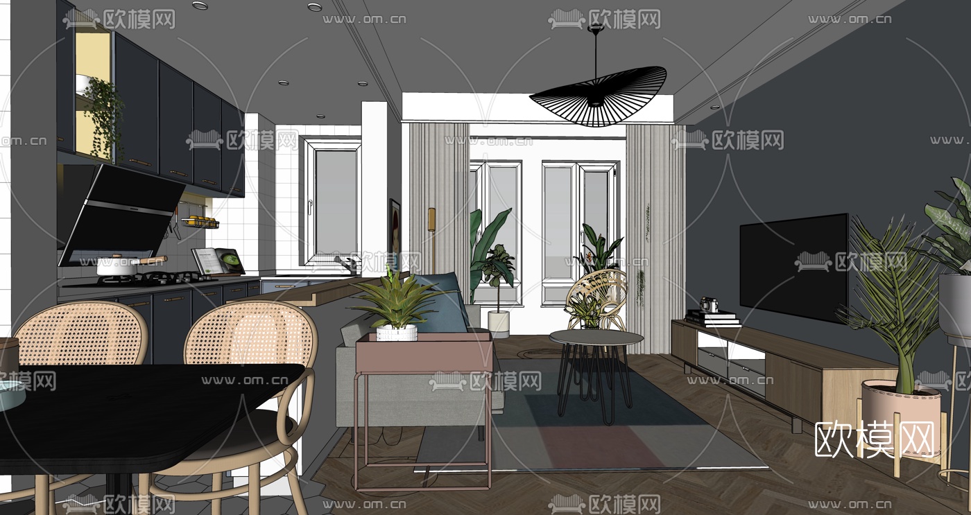 北欧客厅餐厅卧室su模型下载（渲染图1）