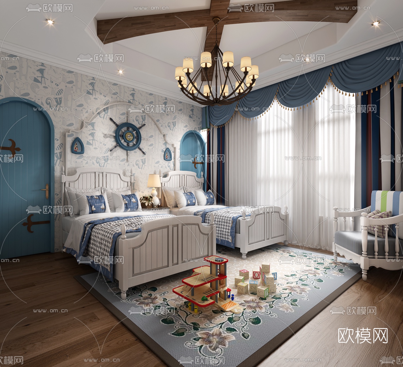 地中海双床卧室小孩房3d模型下载（渲染图1）