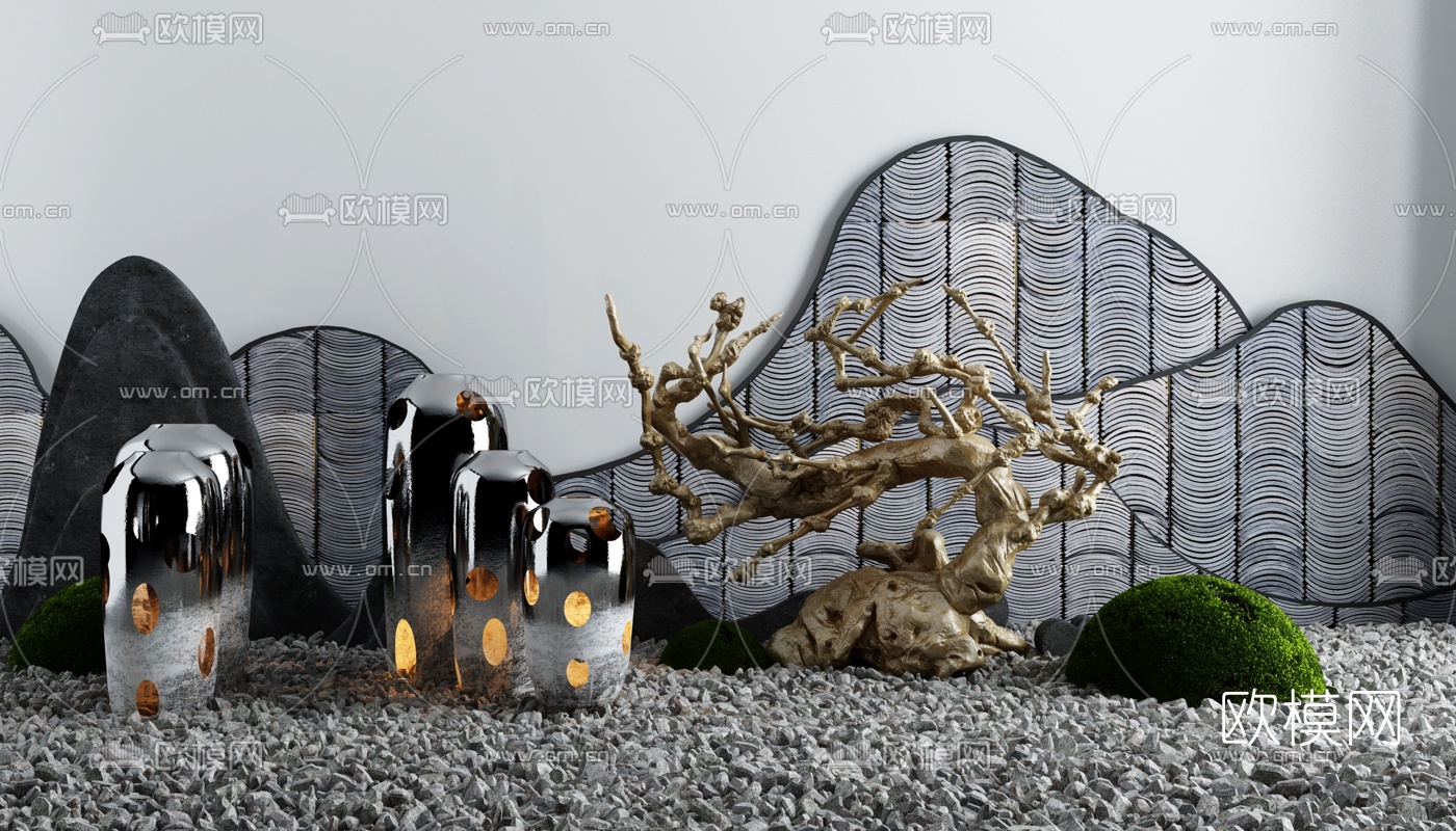 新中式假山园林景观小品3d模型