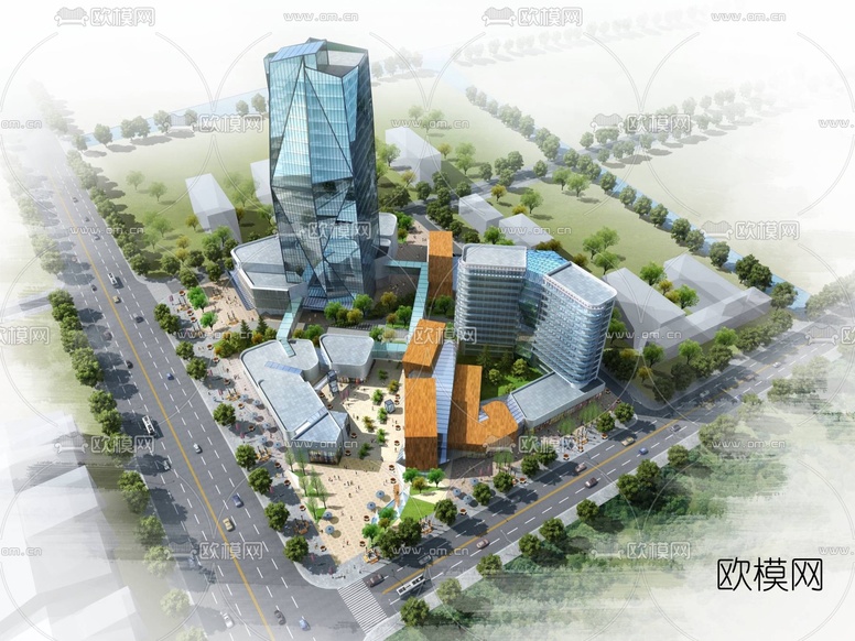 现代商业广场鸟瞰3d模型下载(渲染图1)