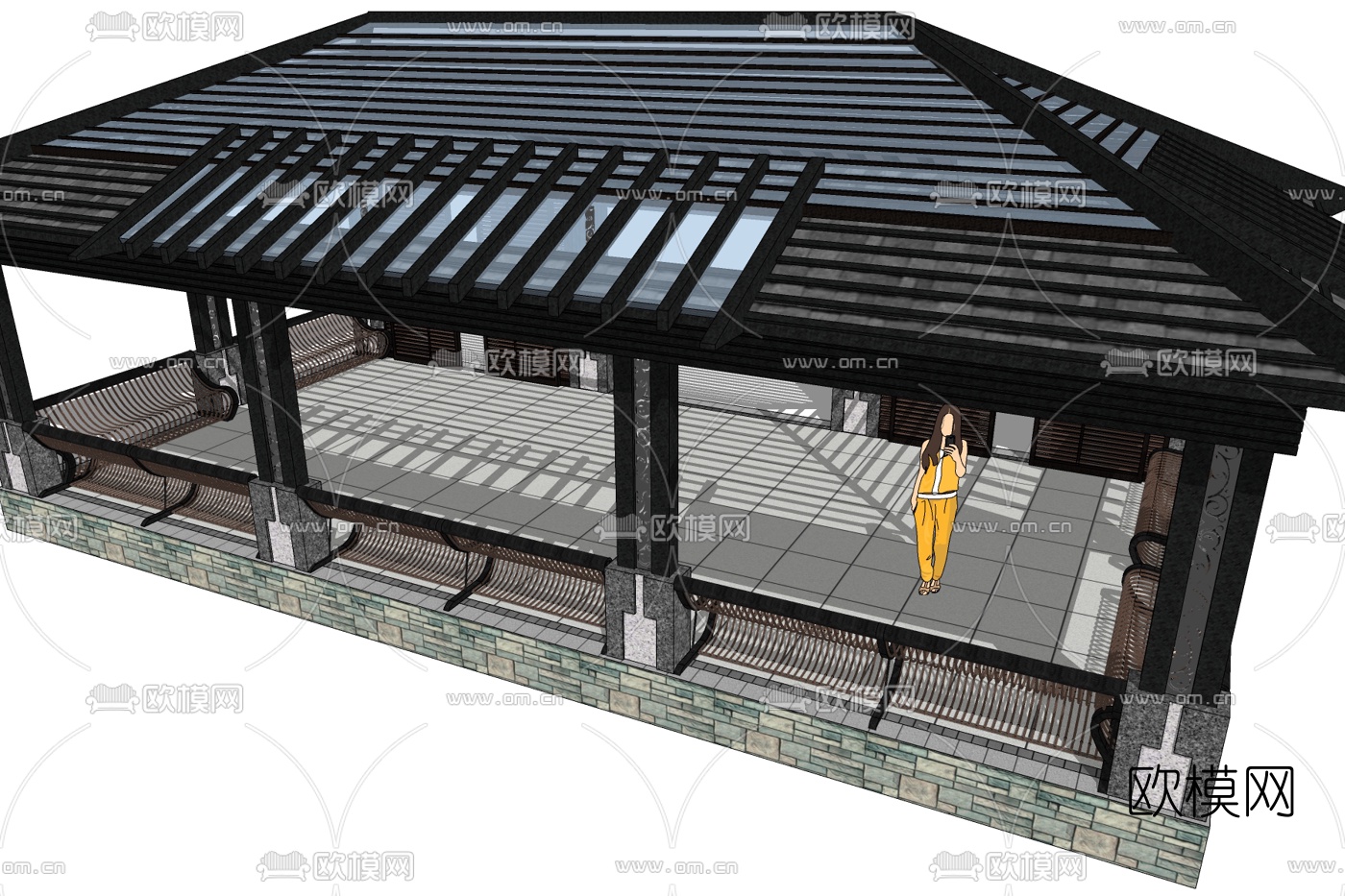 新中式庑殿顶亭子免费su模型下载