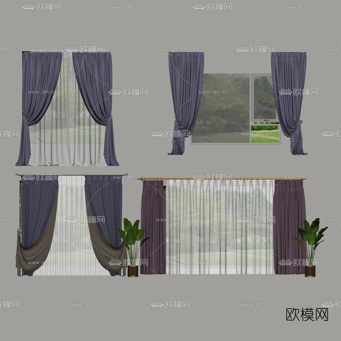 简欧布艺窗帘su模型下载（渲染图1）