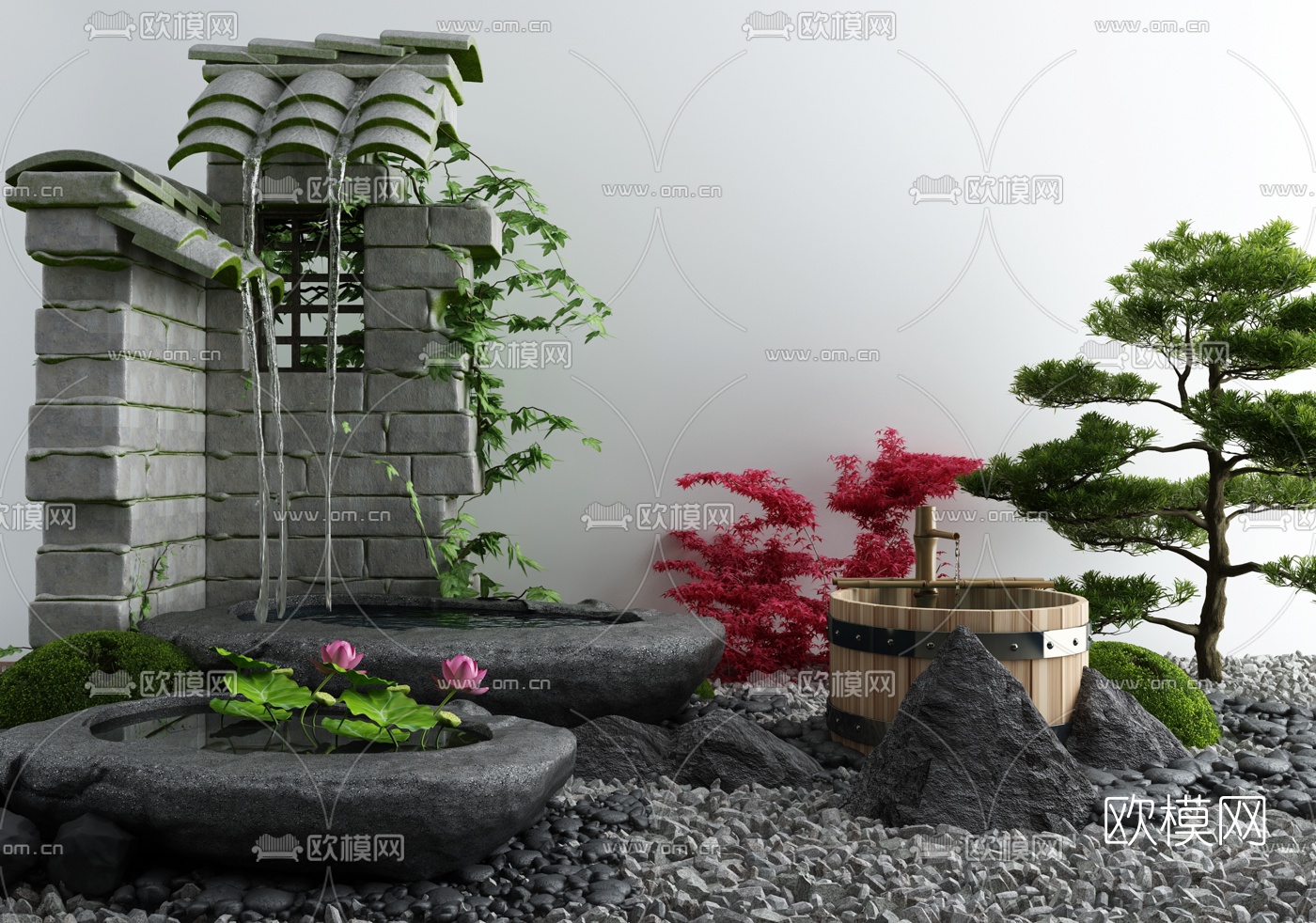 新中式流水景观小品3d模型下载