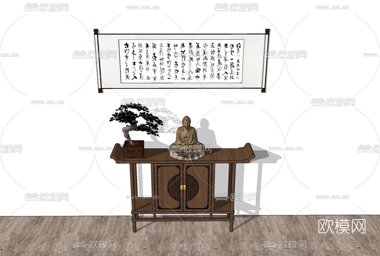 中式实木端景柜su模型下载（渲染图2）