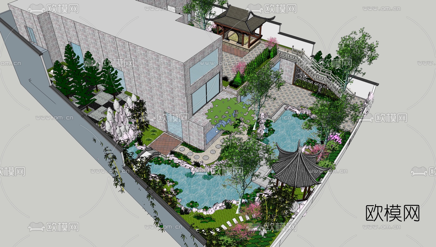 中式别墅庭院景观su模型下载（渲染图1）