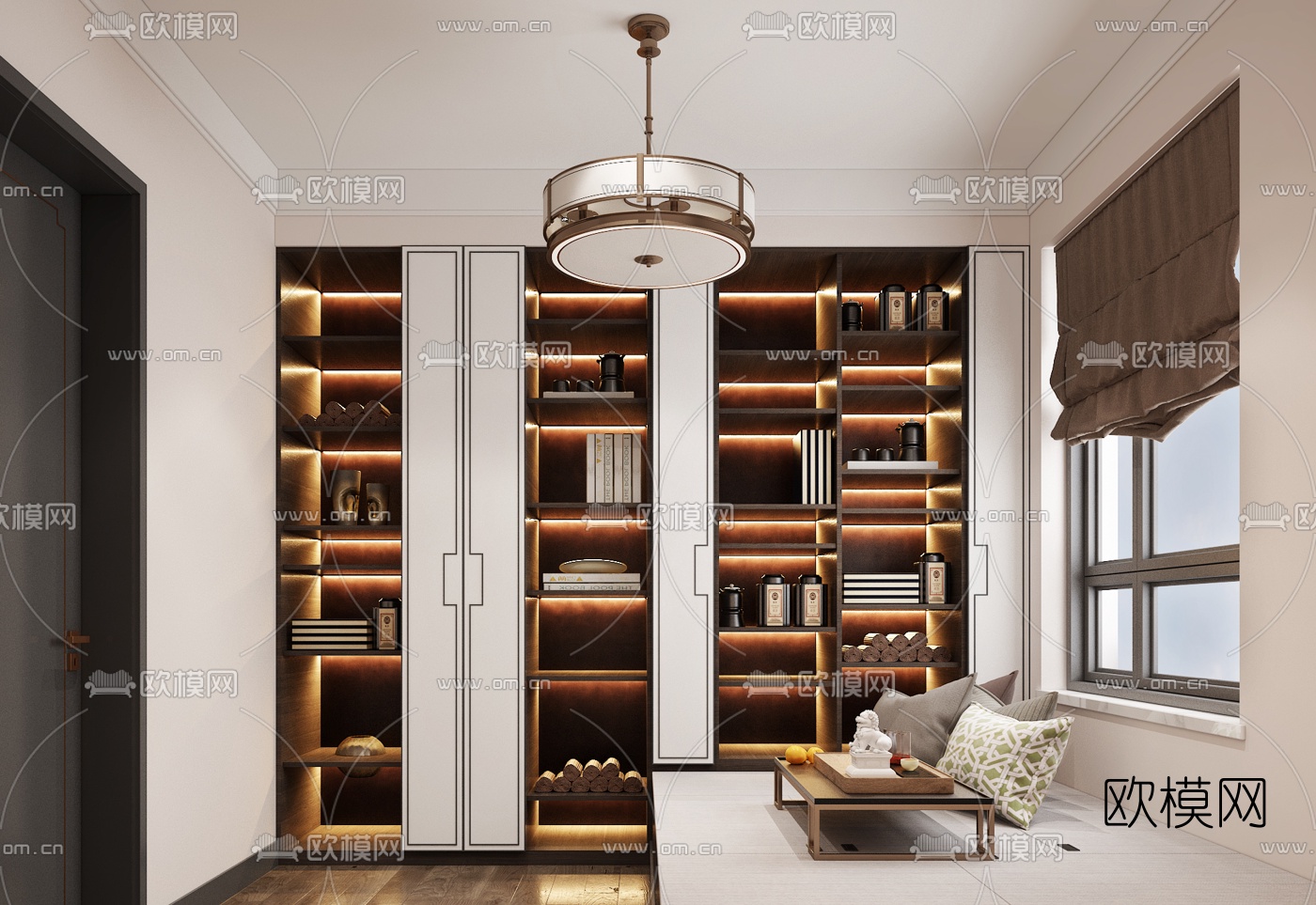 新中式榻榻米卧室书房免费3d模型下载