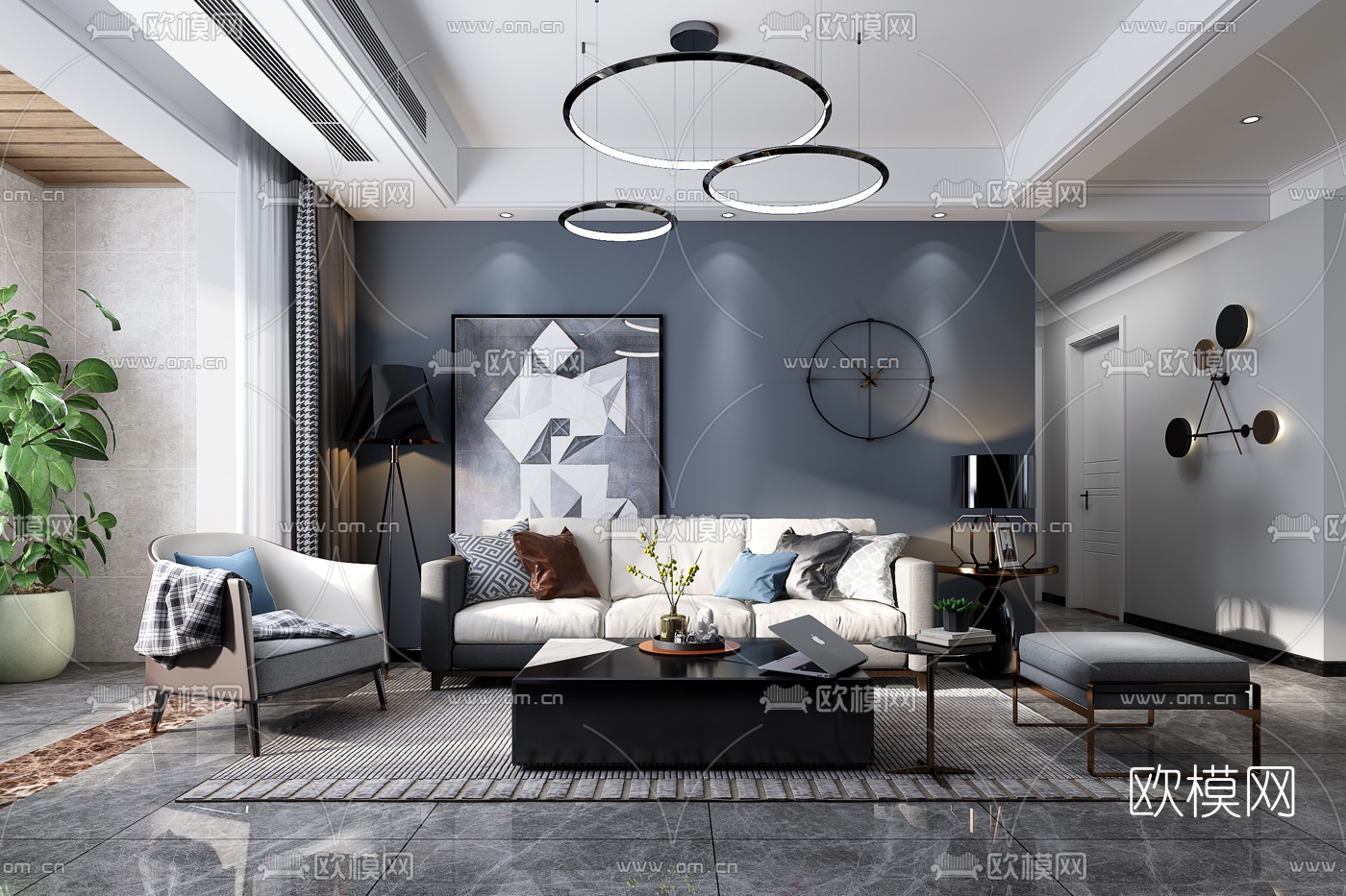 现代轻奢客厅沙发组合3d模型-免费3dmax模型库-欧模网
