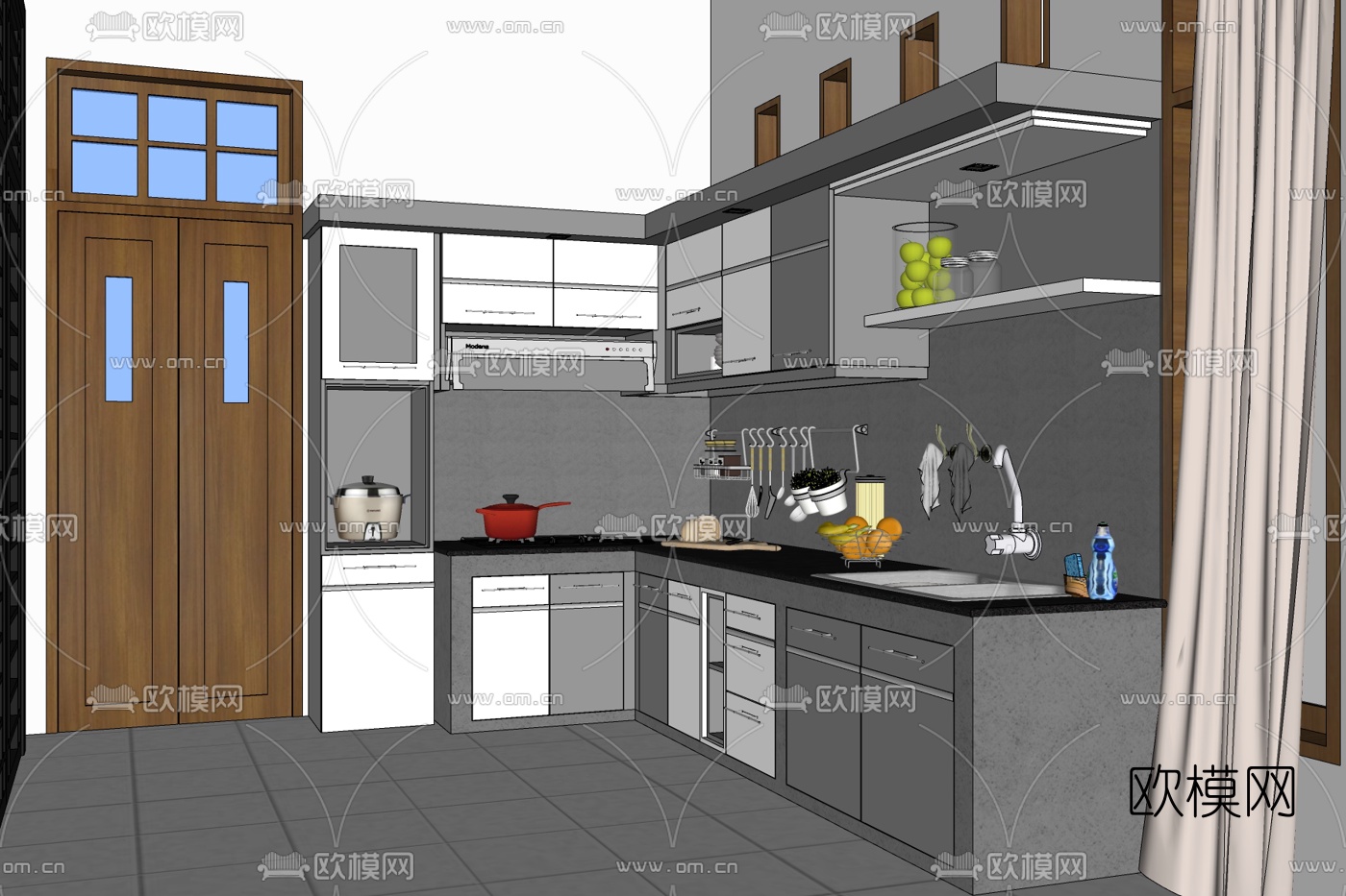 现代厨房橱柜免费su模型下载