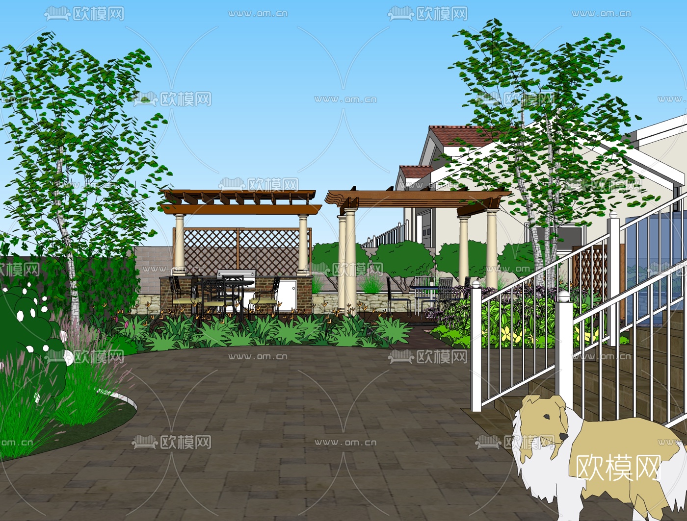 简欧庭院花园免费su模型下载