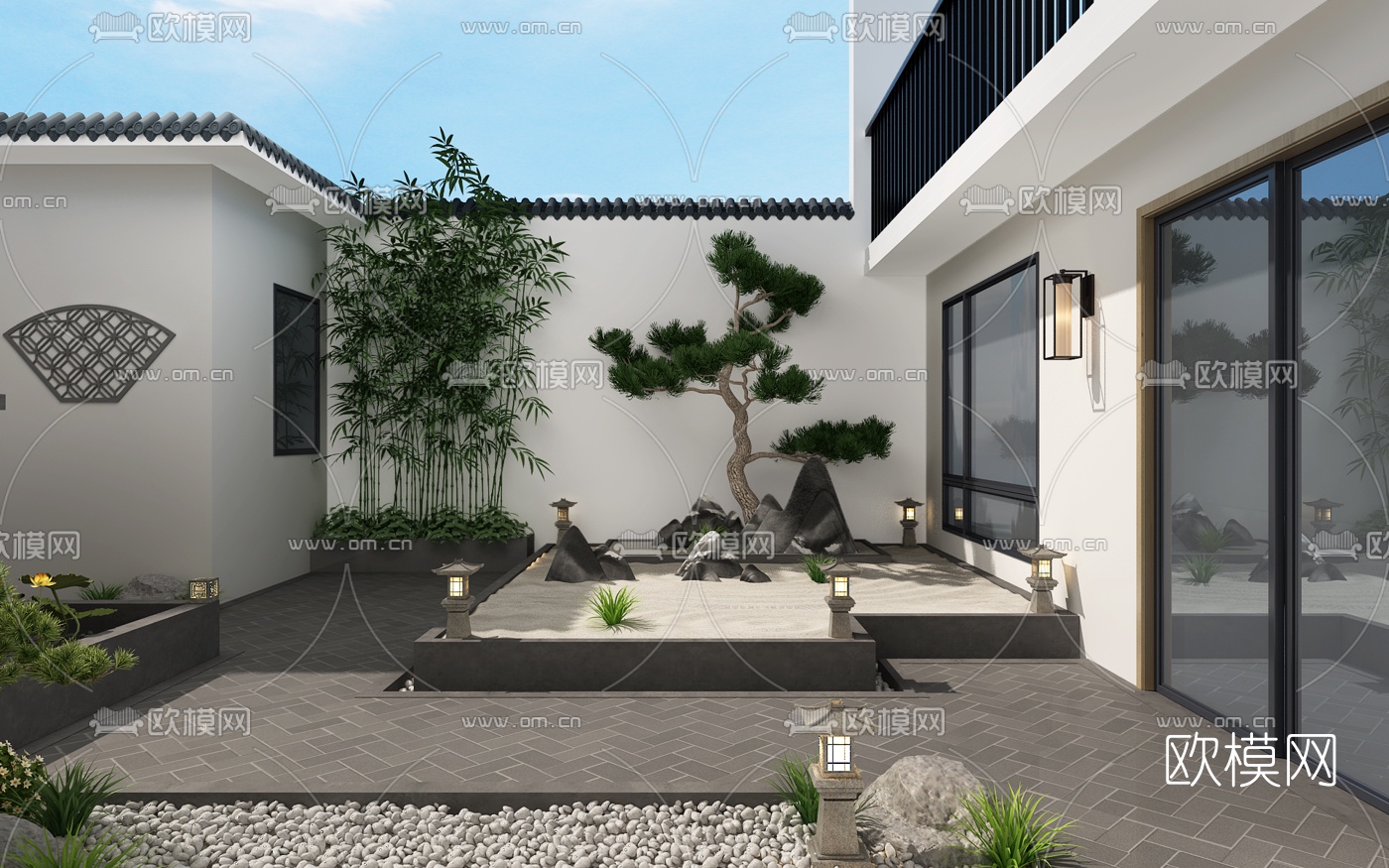 新中式庭院花园3d模型-免费3dmax模型库-欧模网