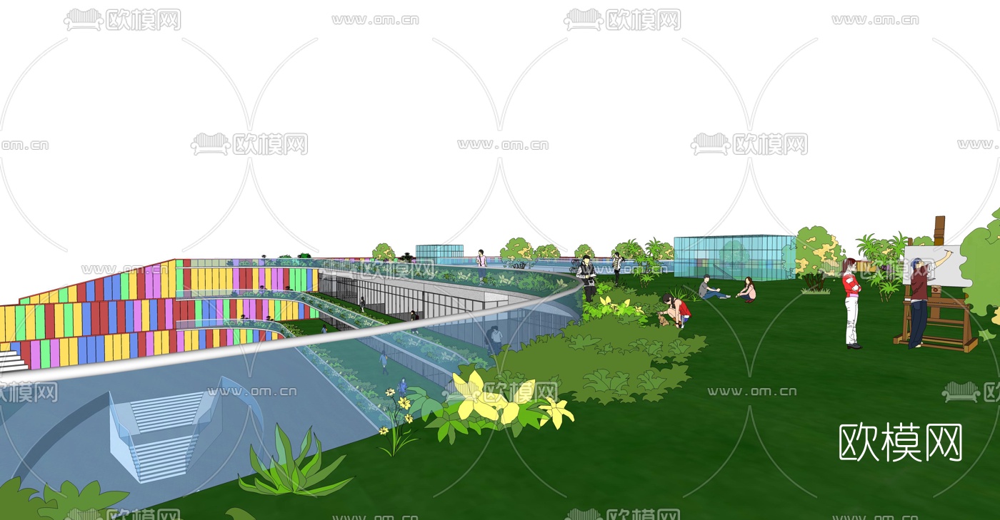 现代学校操场教学楼外观su模型下载（渲染图2）