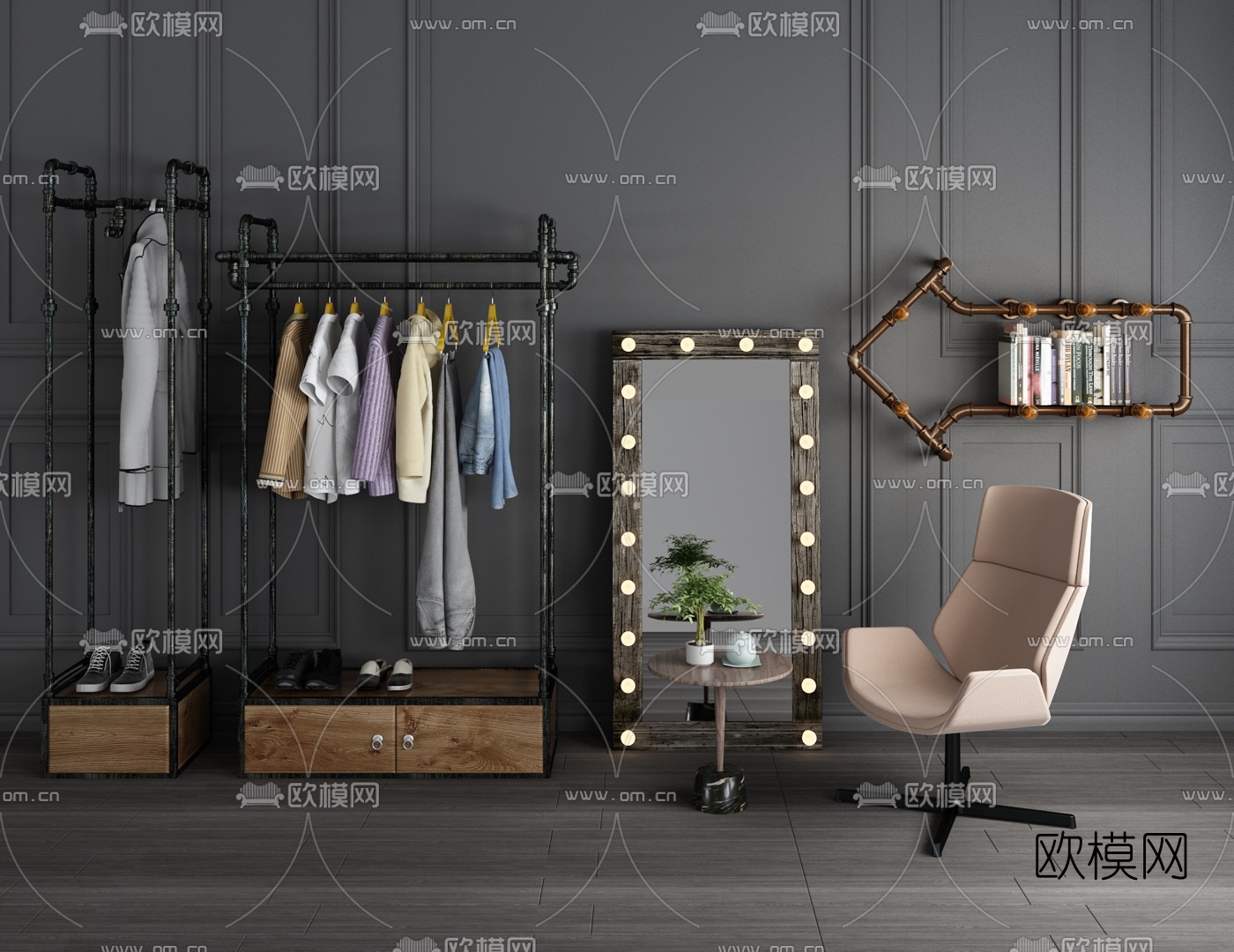 工业风服饰展架休闲椅3d模型下载