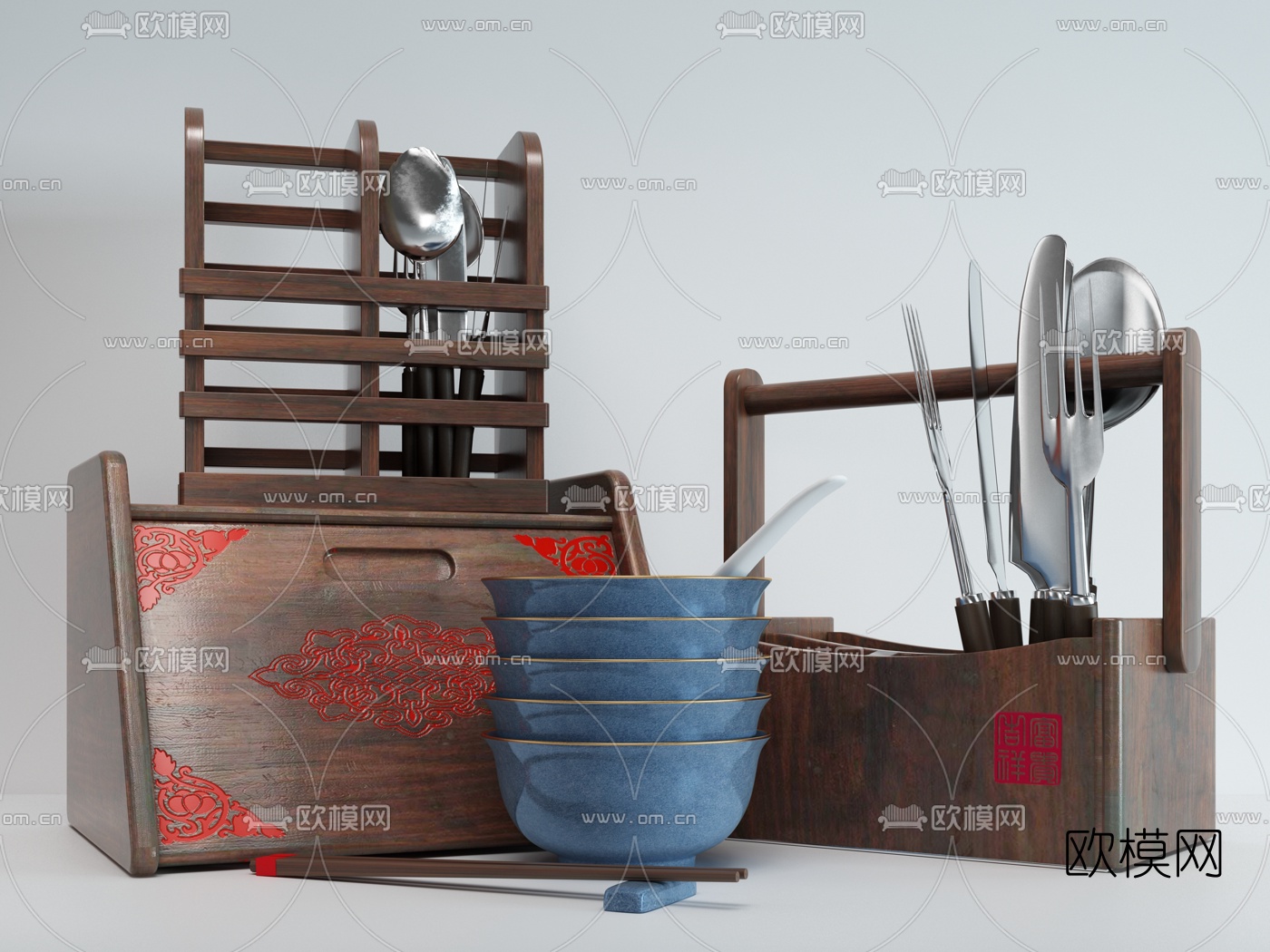 新中式刀叉碗碟餐具3d模型下载