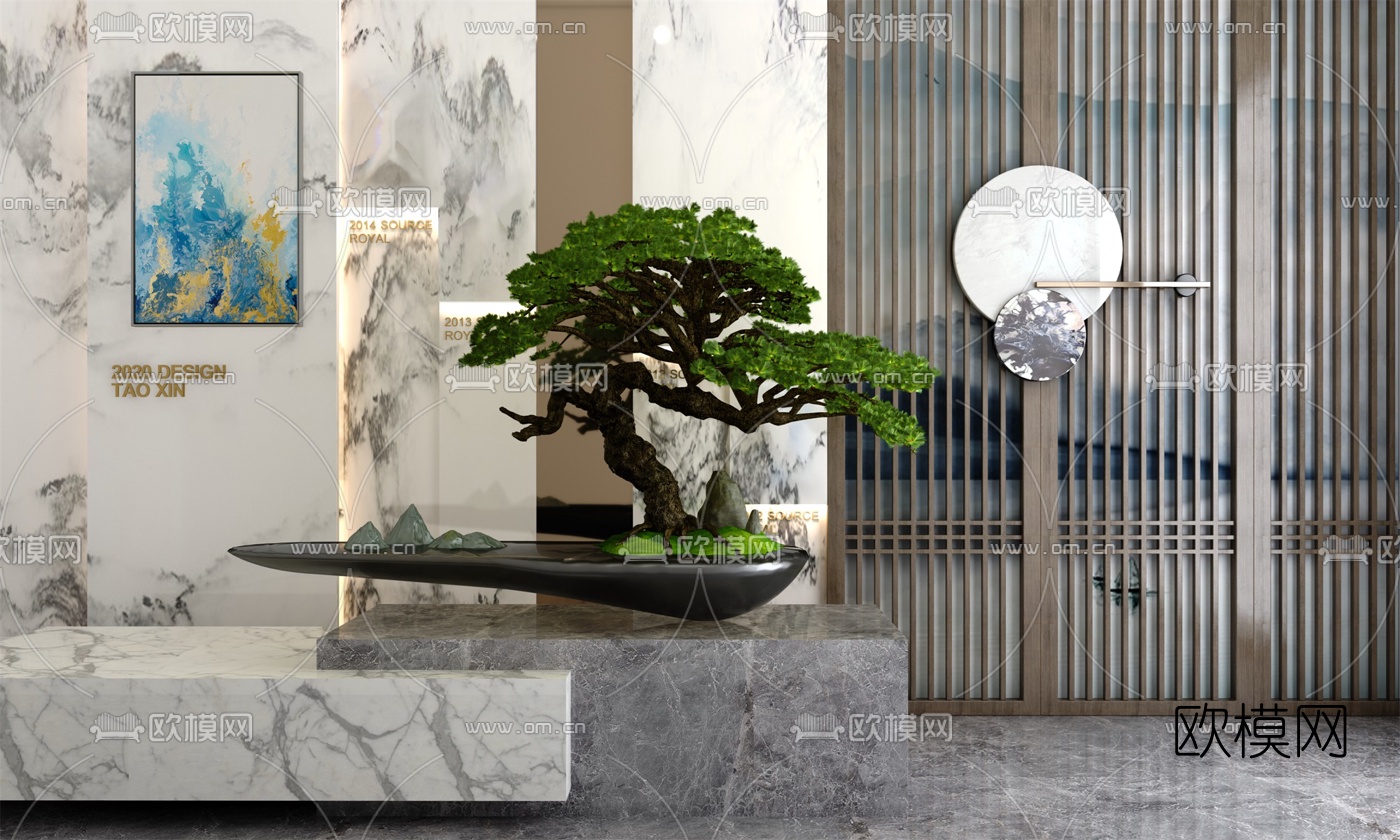 新中式迎客松摆件室内景观小品3d模型