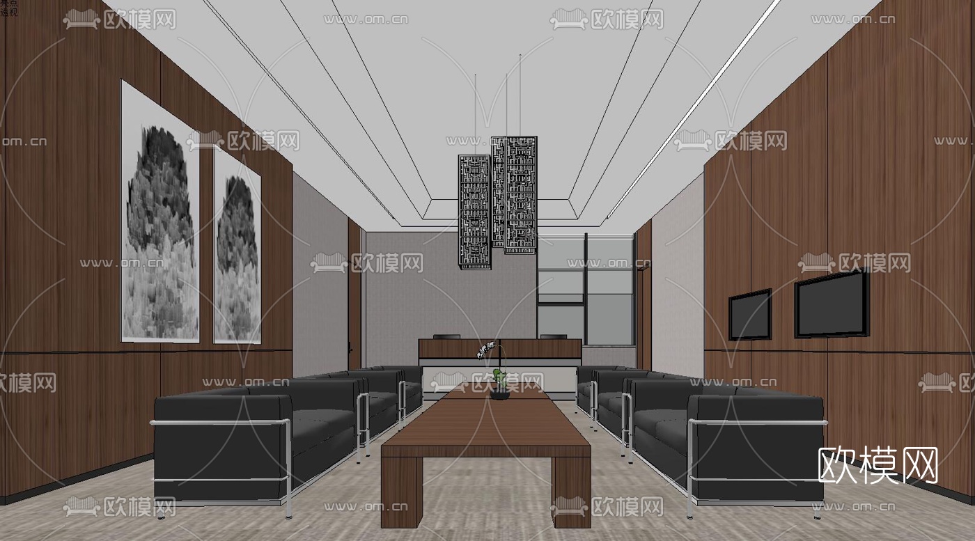 新中式办公前台su模型下载（渲染图3）