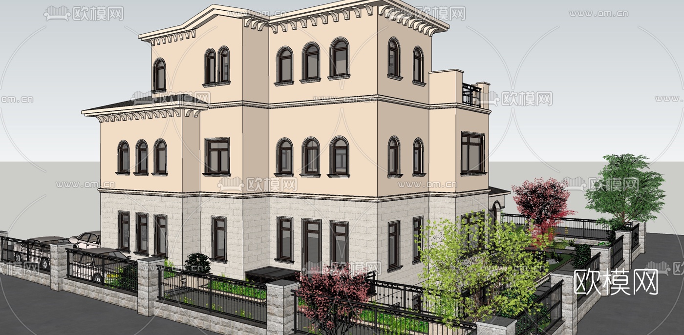 美式独栋别墅su模型下载（渲染图2）