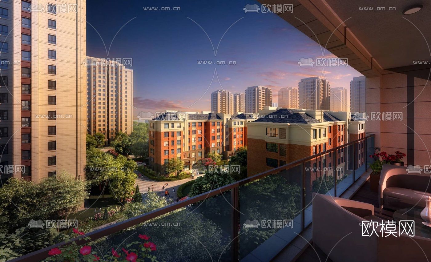 简欧住宅小区外观3d模型下载（渲染图1）