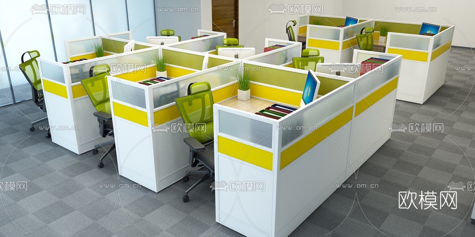 现代屏风卡位办公桌椅3d模型下载(渲染图2)
