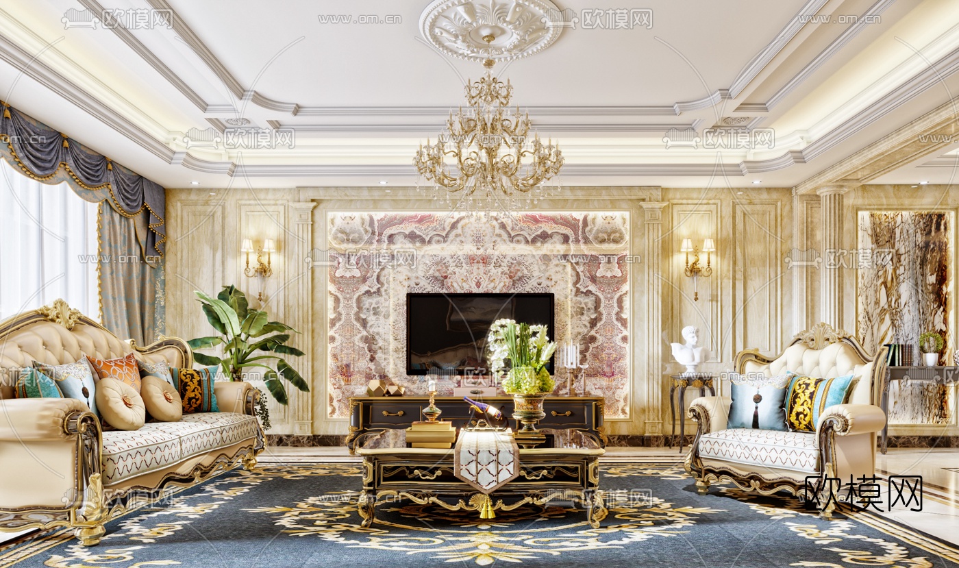 欧式古典轻奢客厅3d模型下载（渲染图2）