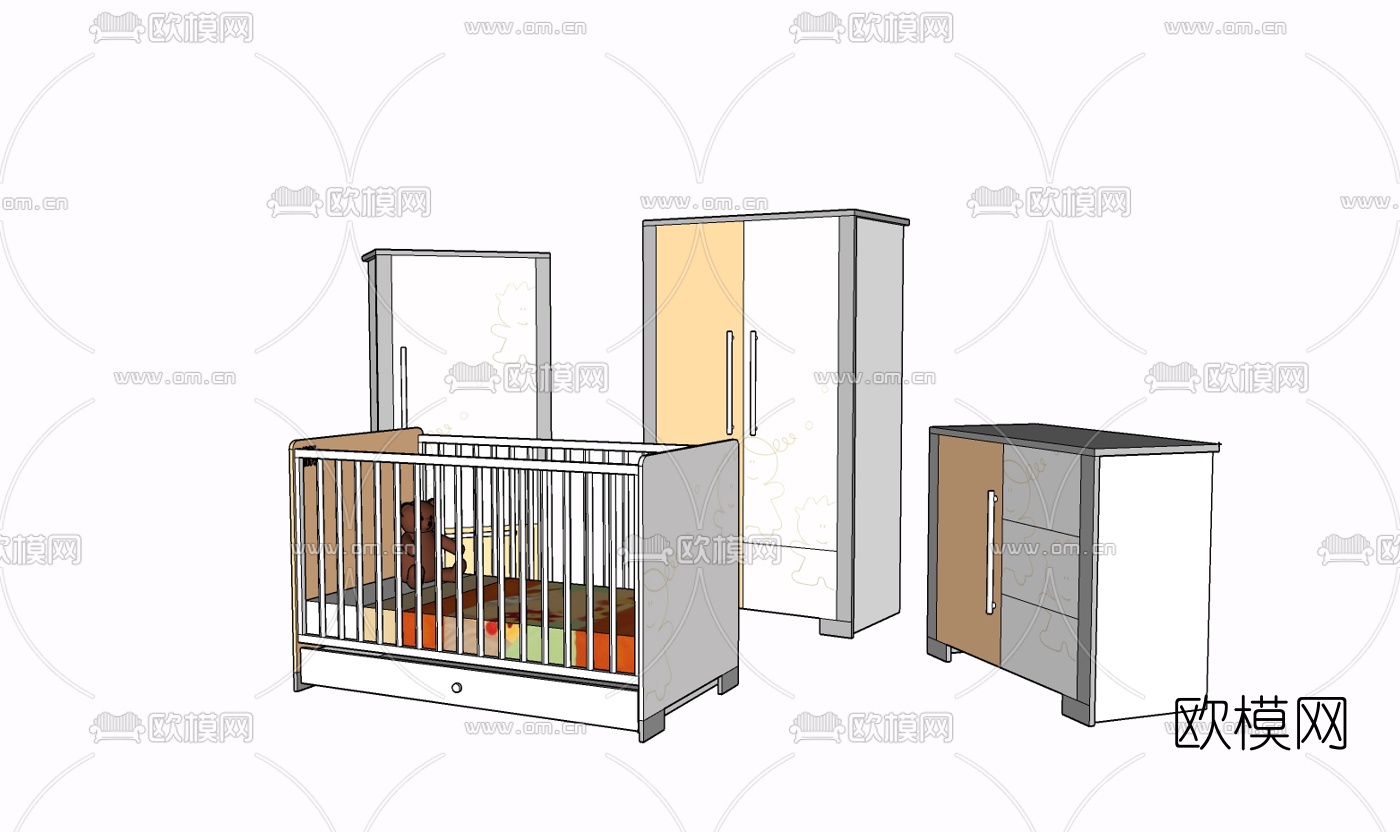 现代实木儿童床免费su模型下载