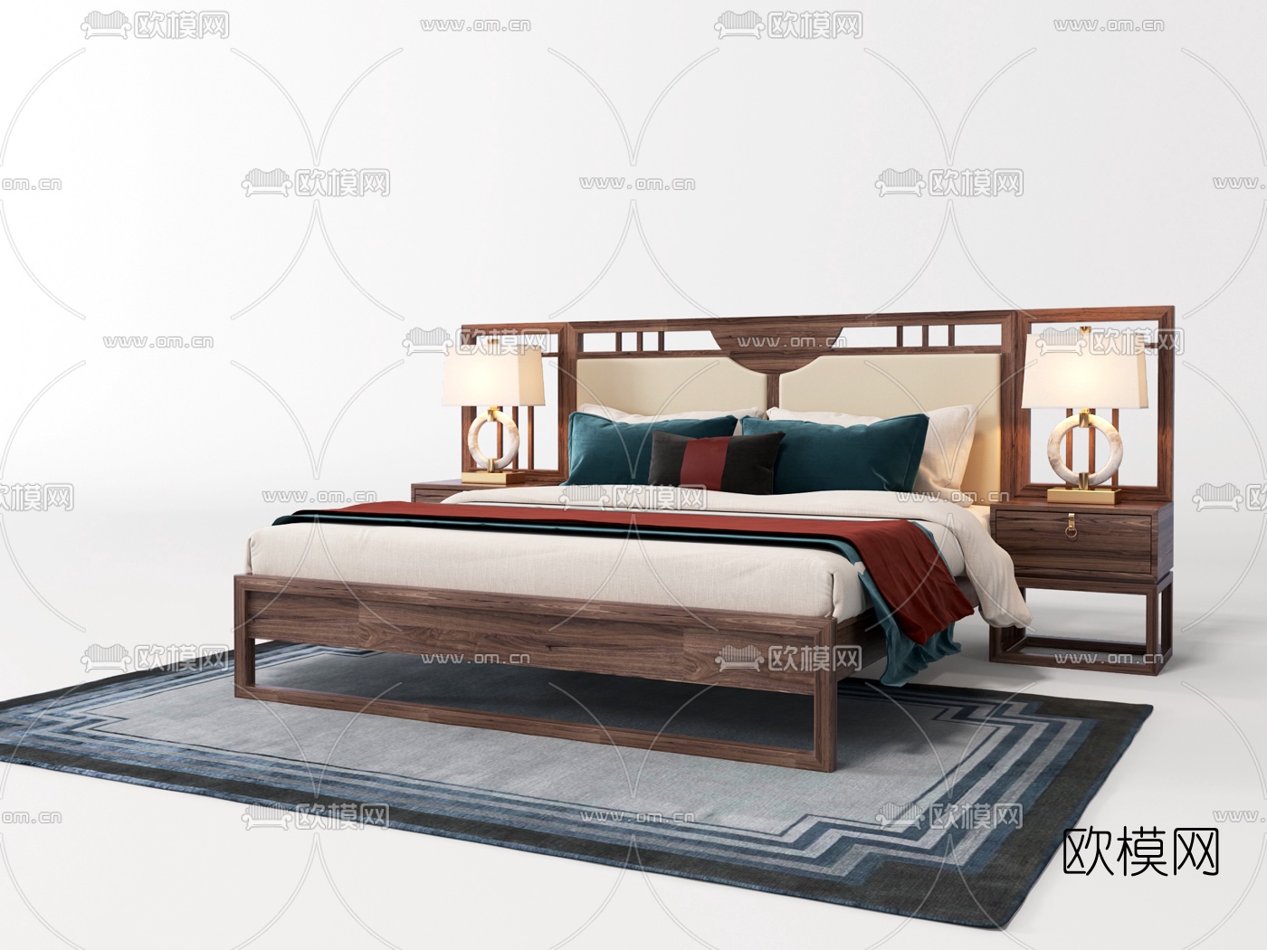 新中式布艺双人床3d模型下载（渲染图2）