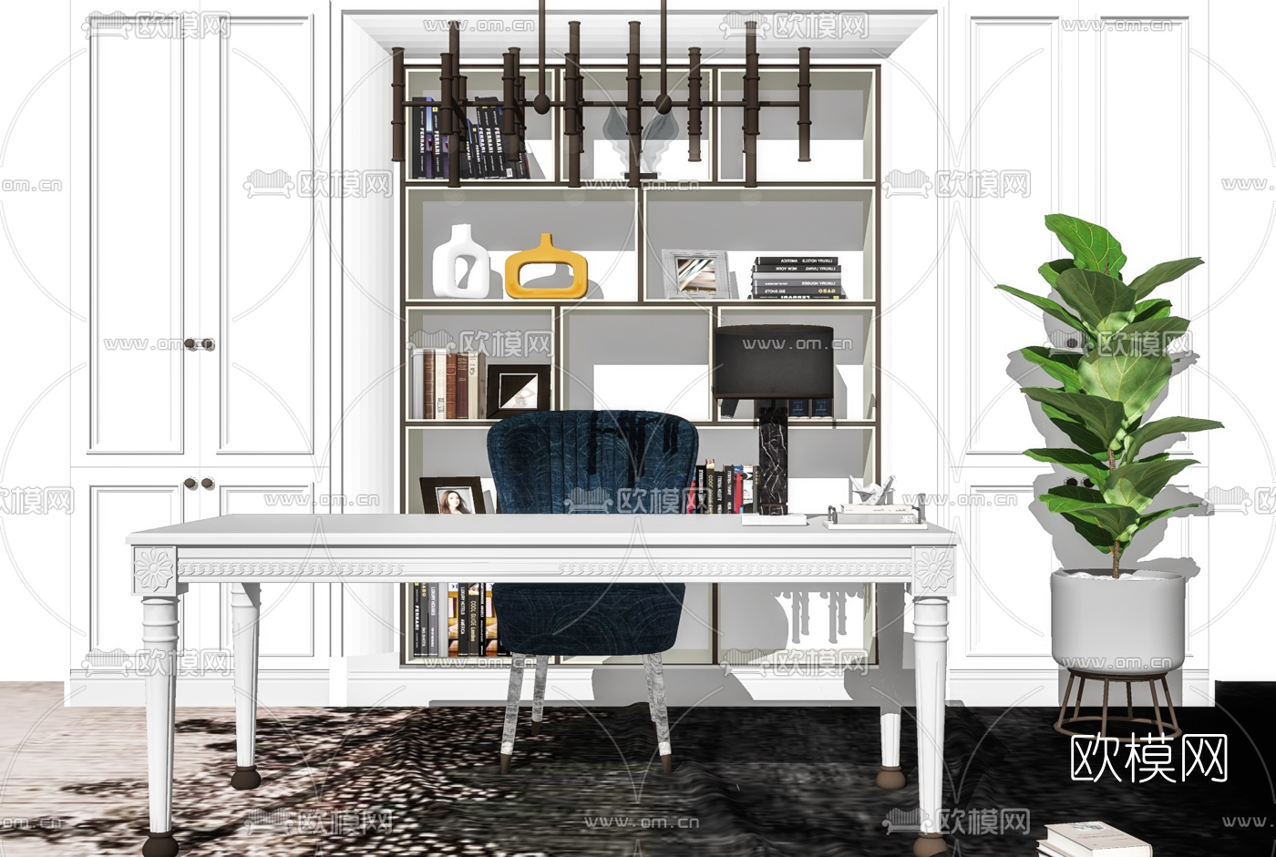 简欧书桌书柜组合su模型下载